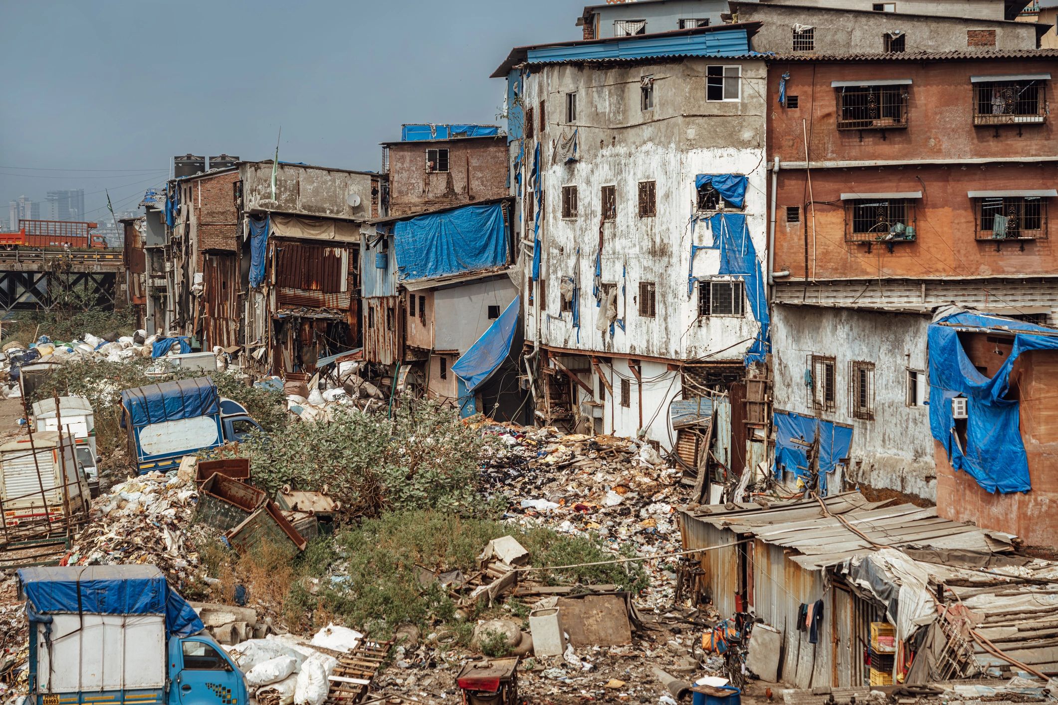 Mumbai Slum Housing and Urban Waste Along Riverbank